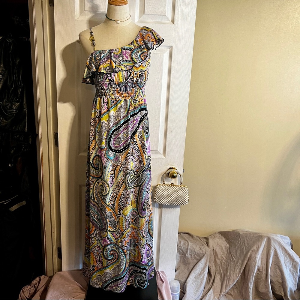 Speechless Wms Y2K Paisley Multicolor Beaded Shoulder Boho Festival Maxi Dress S